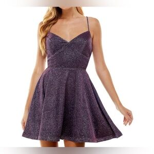 Macys City Studio Purple Metallic Glittery Tie Back Mini Dress Women's Size 1